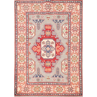 Geometric Kazak Rug Hand-Knotted Grey Wool Carpet - 3'3"x 4'10"