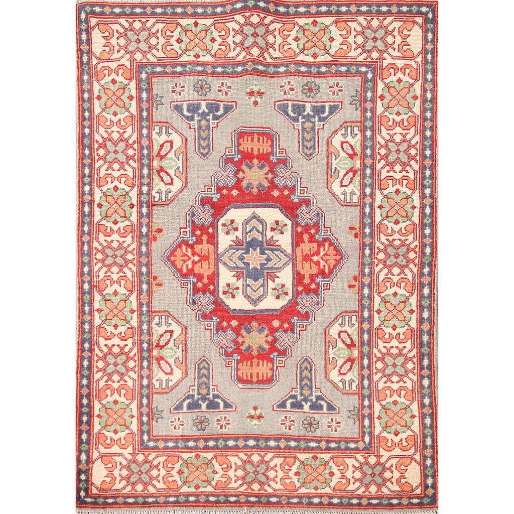 Geometric Kazak Rug Hand-Knotted Grey Wool Carpet - 3'3"x 4'10"