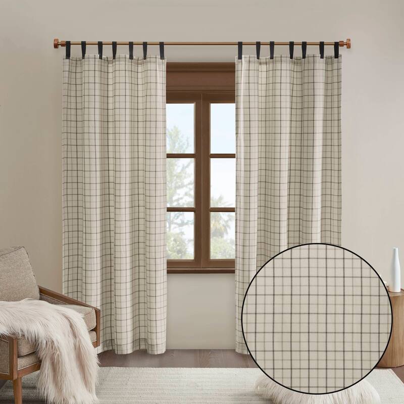 Madison Park Anaheim Plaid Faux Leather Tab Top Single Curtain Panel with Fleece Lining