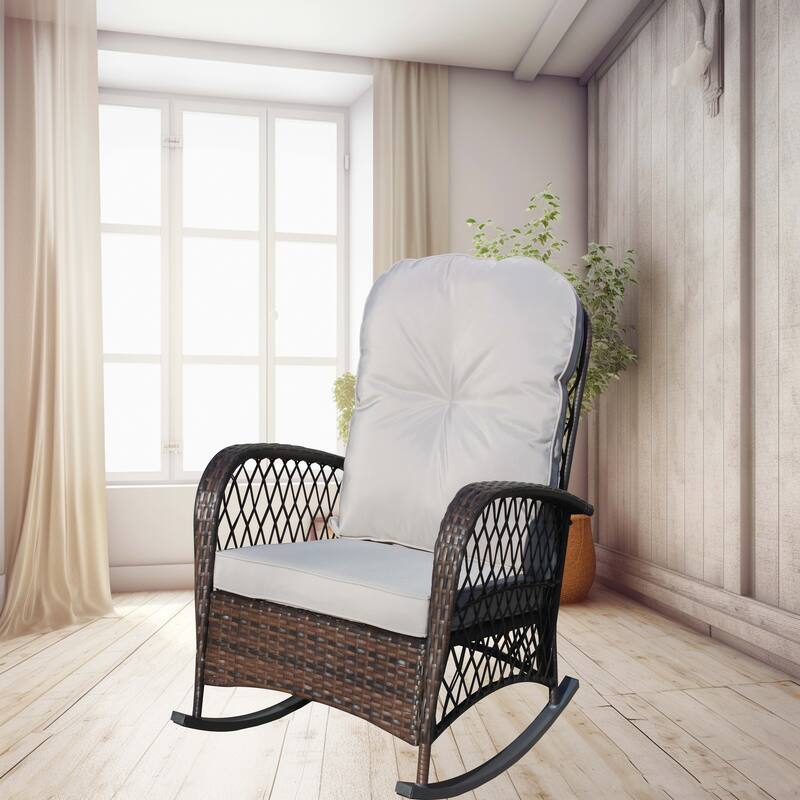 Outdoor Wicker Rocking Chair with Wide Seat, Thick, Soft Cushion, Rattan Rocker w/Steel Frame, High Weight Capacity