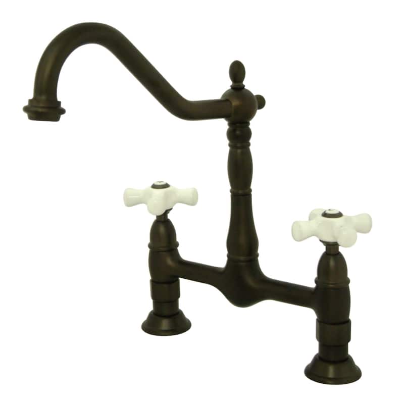 Kingston Brass Heritage Bridge Kitchen Faucet with Porcelain Cross