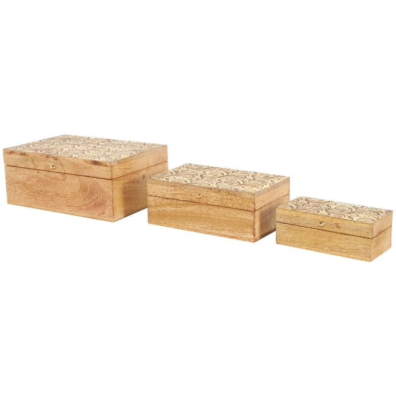 Brown Mango Wood Handmade Storage Scroll Box with Gold Accents (Set of 3)