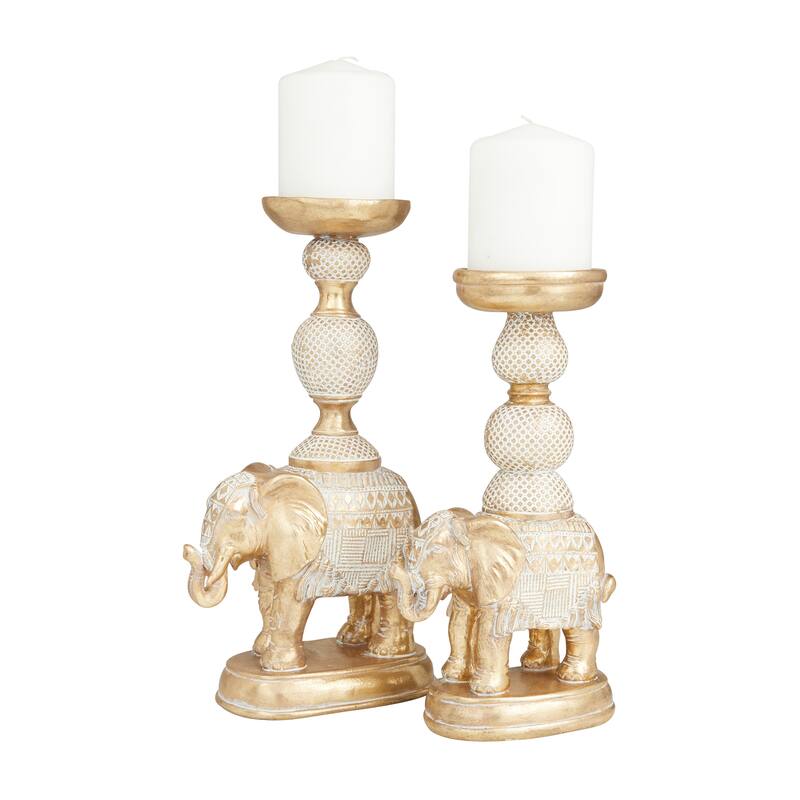 White Polystone Elephant Candle Holder with White Wash Finish (Set of 2) - 7 x 4 x 13