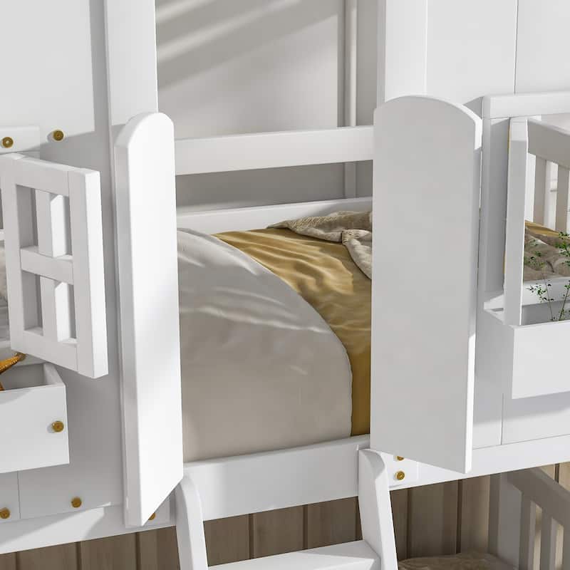 Twin over Twin House Bunk Bed with Roof , Window, Window Box, Door , with Safety Guardrails and Ladder, Grey - N/A