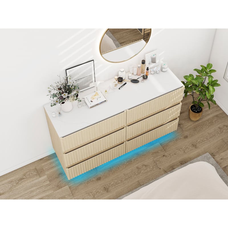 Fluted 6 Drawer Dresser with LED Lights, Wooden Drawer Organizer Cabinet, Large Capacity Bedroom Storage Cabinet