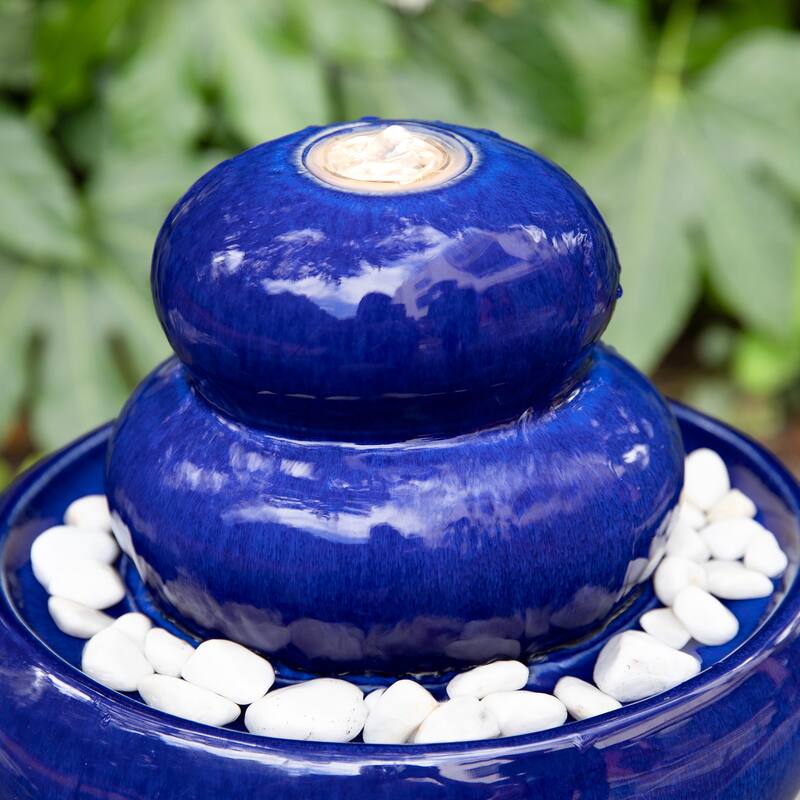 Glitzhome 22"H Zen-Style Cobalt Blue Pebbles Outdoor Ceramic Fountain with Pump and LED Light