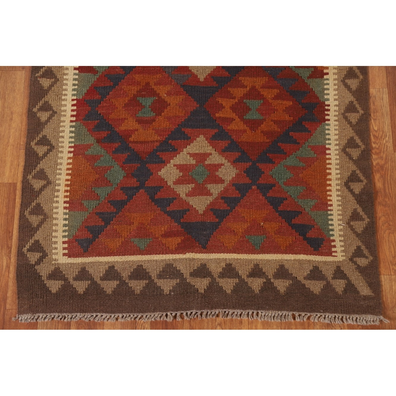 Geometric Kilim Area Rug Flat-weave Oriental Wool Carpet - 3'2
