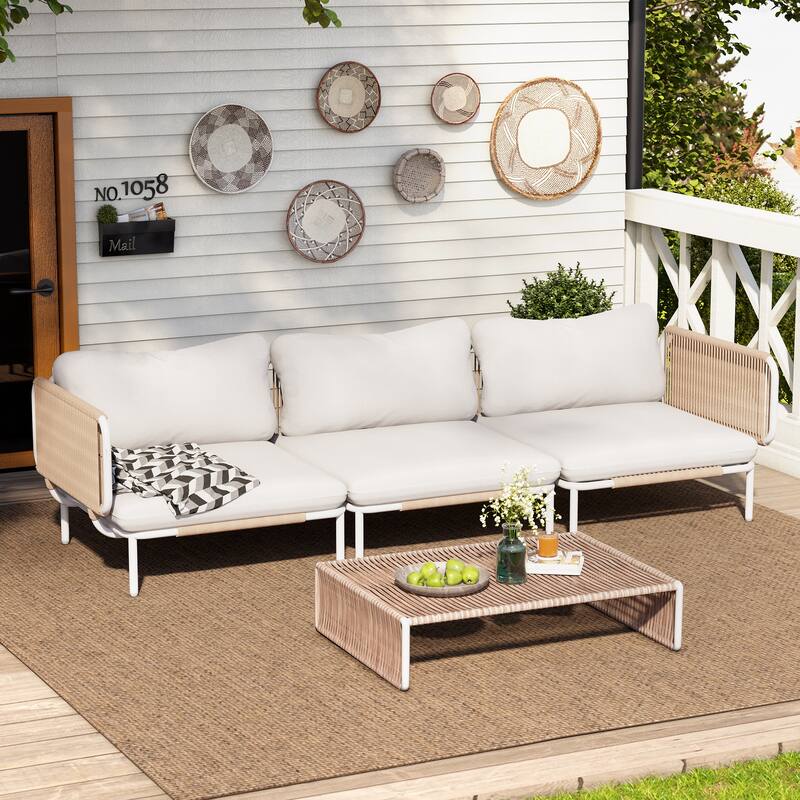 Outdoor Cushioned Sectional Sofa Chat Set Patio Furniture Conversation Set, Free Combination - 3-piece seats - Beige, 3pcs seats & 5 arms