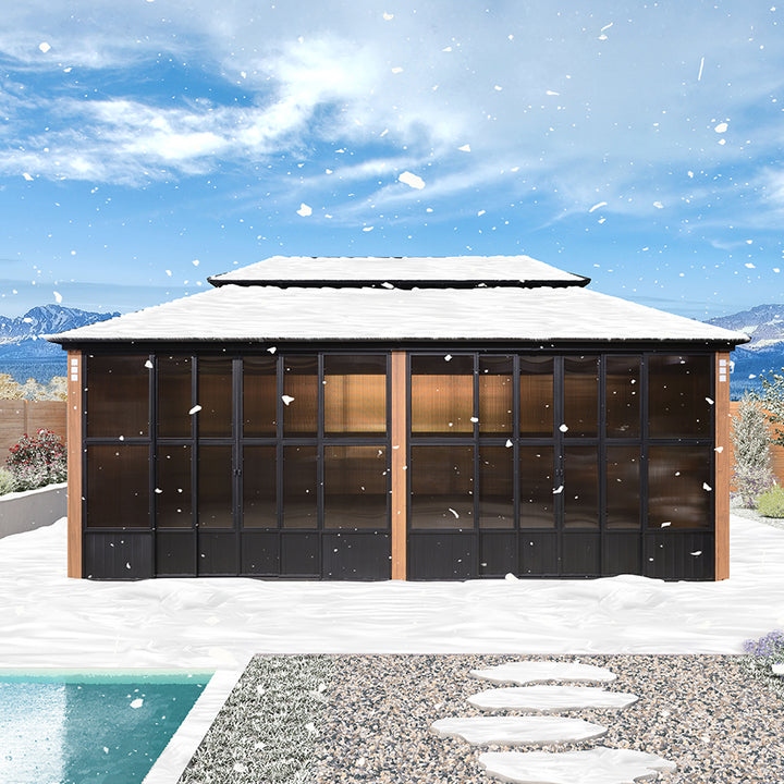 PURPLE LEAF Double Top Outdoor Sunroom Screen House Patio Hardtop Gazebo Wood Grain