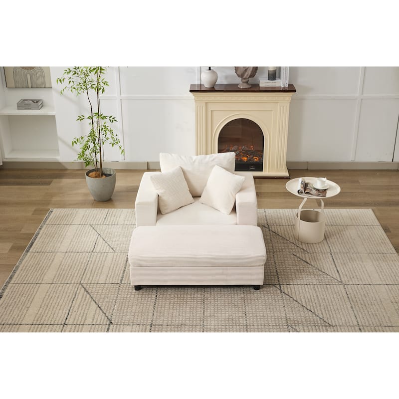Chaise Lounge Chair with Removable Ottoman, Modern Accent Armchair Corduroy Sleeper Sofa Chair with Pillows for Living Room