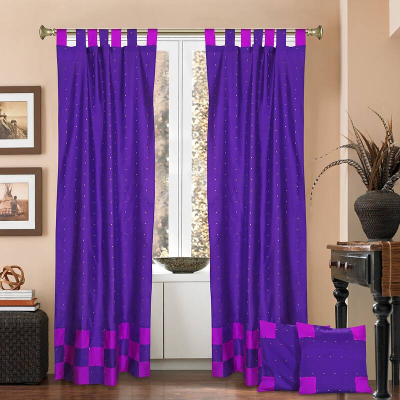 4 Pc Set Indian Sari Curtains & Cushion Covers Boho Tab Top Living Room Bedroom