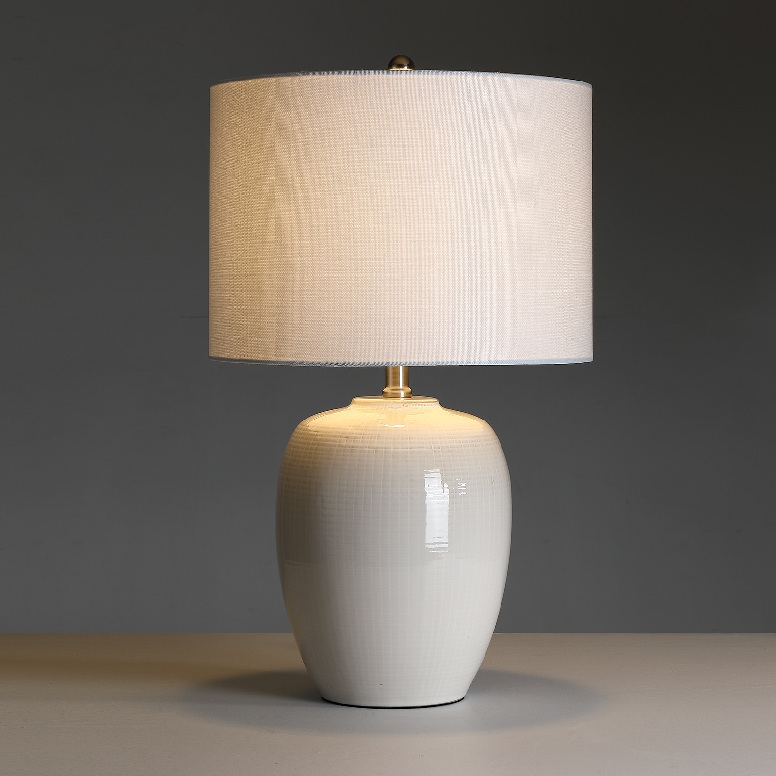 Ivory 3-Way White Ceramic Table Lamp with Drum Shade - 23 in. H