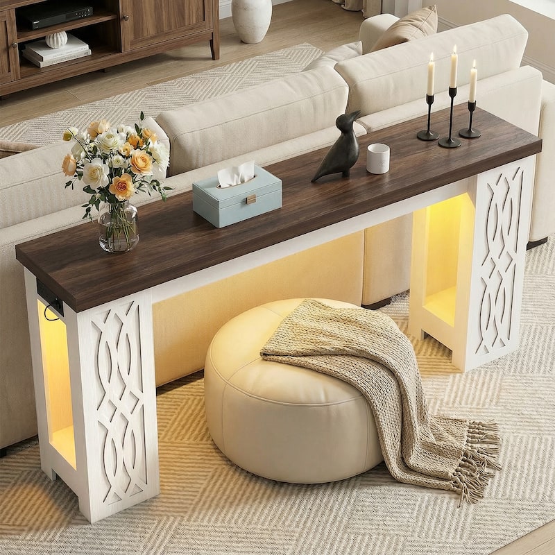 63" Farmhouse Console Table with RGB LED Lights ＆ Power Outlets, Unique Carved Design Entryway Table, Wooden Sofa Table