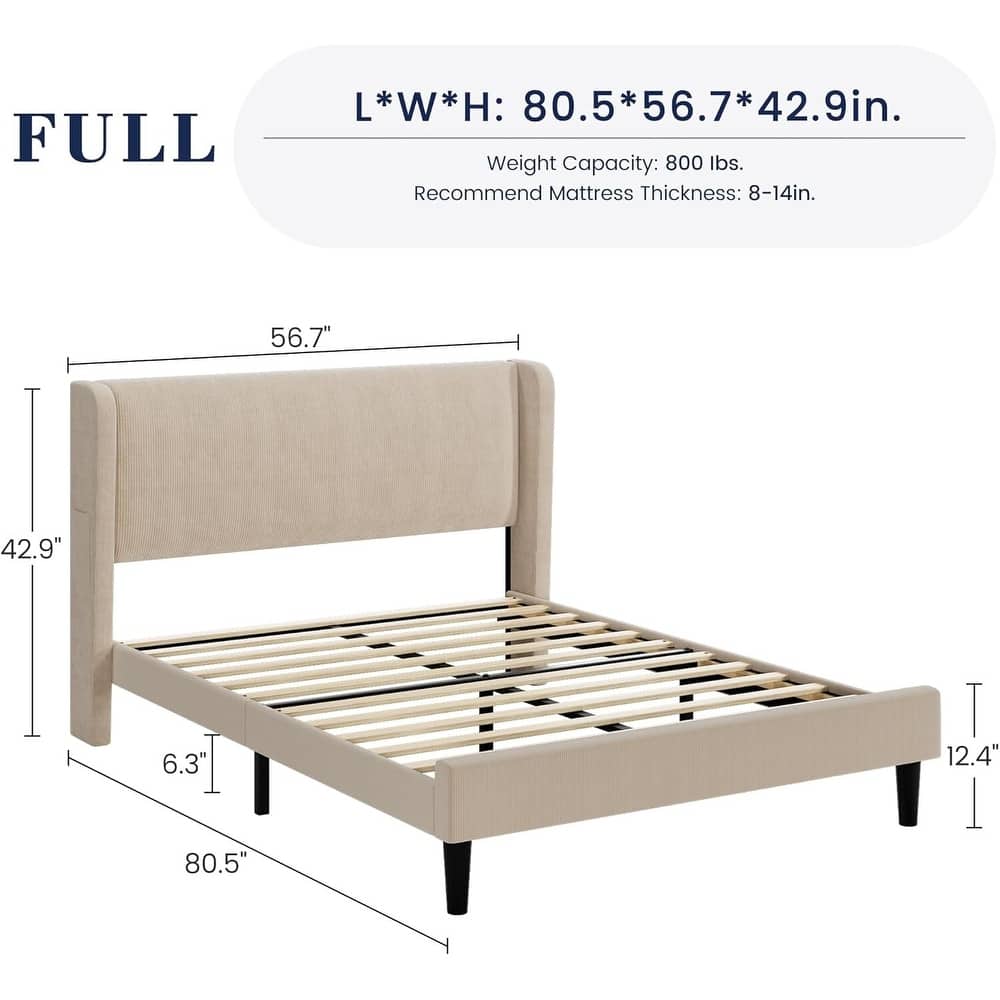 dimensions image flyout slide 1 of 9, Luxurious Velvet Upholstery Platform Bed with Wingback Headboard, Wooden Slat Support, No Box Spring Need