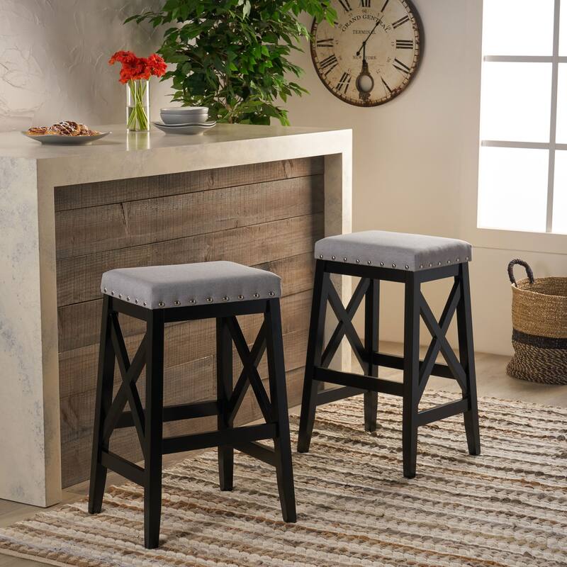 Nailhead Trim Bar Stool, X-Wooden Bar Chair Set, Fabric Upholstered Dining Chair, Backless Island Dining Chair (2-Pcs Set) - LIGHT GREY