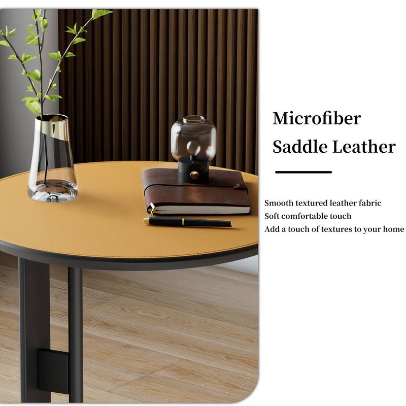 Modern Round End Table with Microfiber Saddle Leather Top and Metal Sandblasting Pedestal