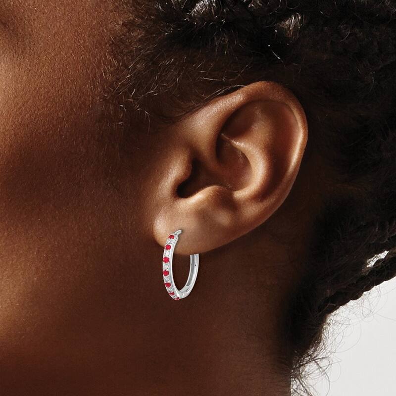 Curata 14k White Gold Diamond and Ruby Hinged Hoop Earrings - 18x19mm Wide 2mm Thick