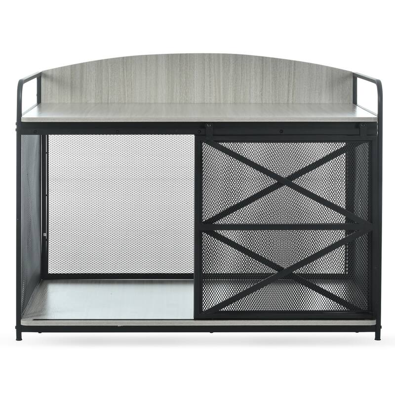 Wood Large Dog Crate Furniture with Curved Back Panel and Sliding Door, Dog Kennel Indoor End Table, Decorative Pet House