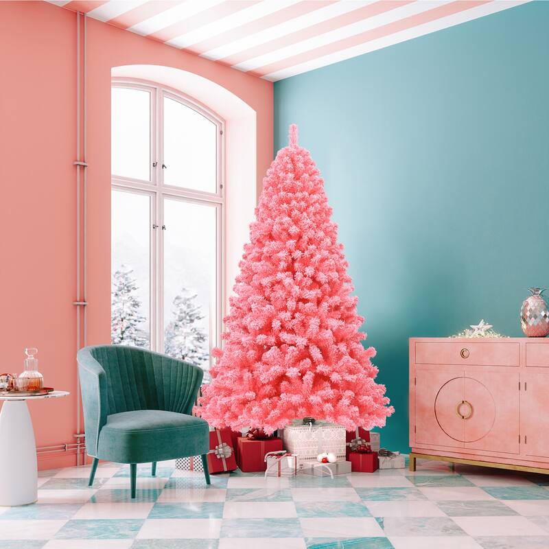 Gymax 4.5/6.5/7.5 FT Artificial Snow Flocked Pink Christmas Tree Unlit - See details