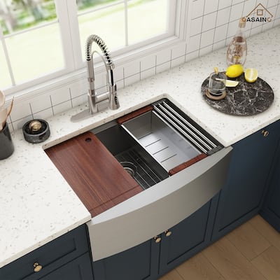 All-in-One Farmhouse/Apron-Front Single Bowl 16 Gauge Stainless Steel Workstation Kitchen Sink with Accessories and Faucet Sets