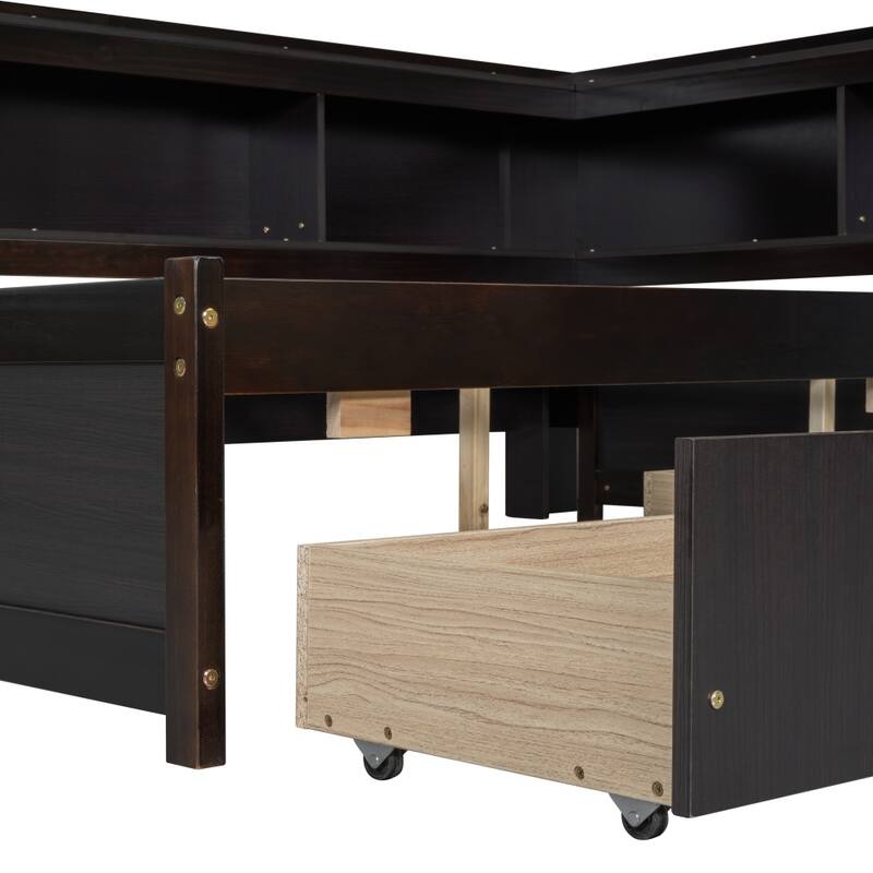 Full Size L-shaped Bookcases Bed with Power Outlets, USB Charging Ports and Two Drawers