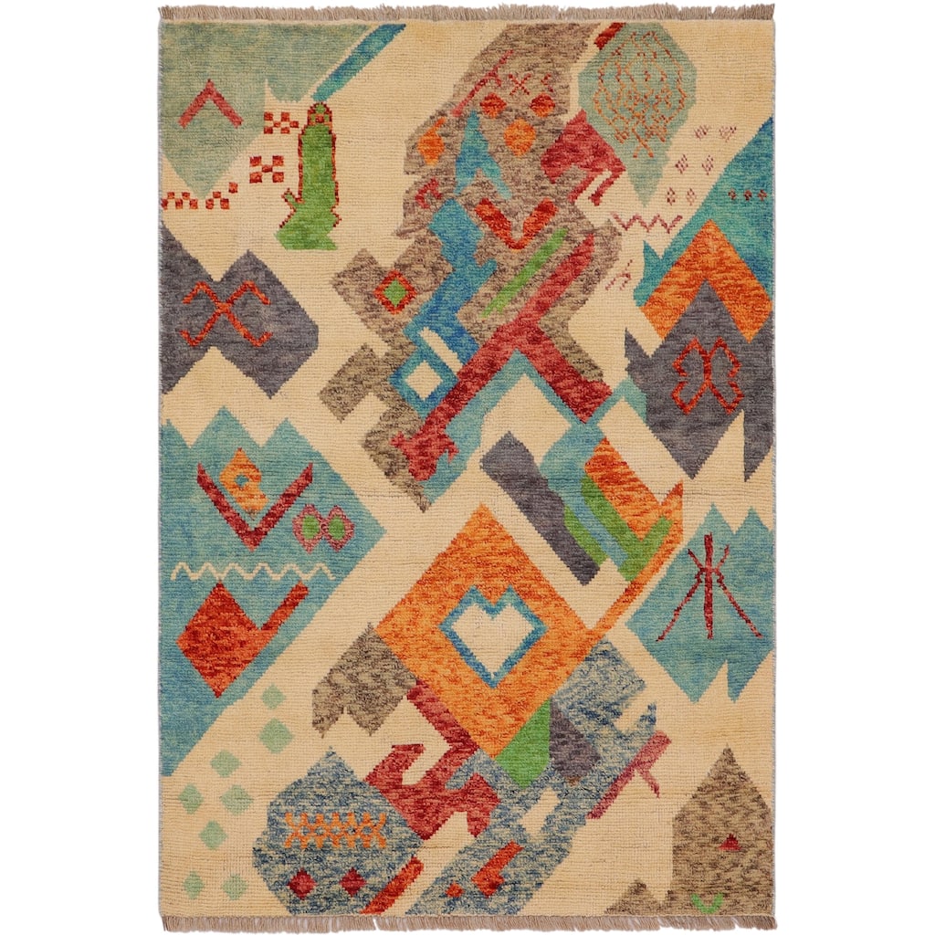 Boho Chic Balochi Galindo Beige/Blue Hand Knotted Wool Rug - 3'6'' x 5'1''