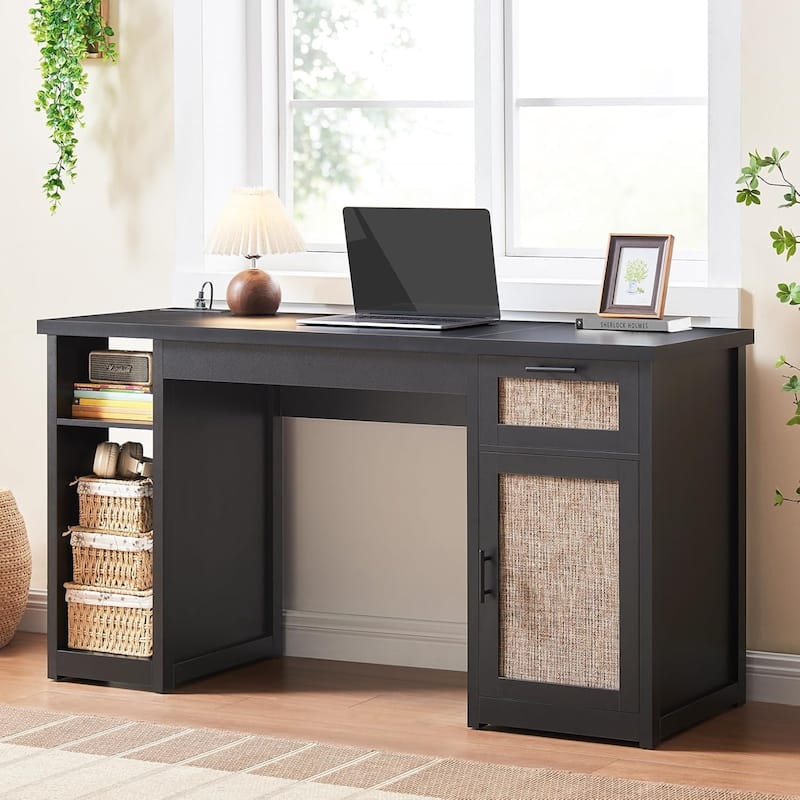 Farmhouse Executive Desk Home Office Desk File Drawer Monitor Stand Power Outlet - 55.1" - Rattan/Black