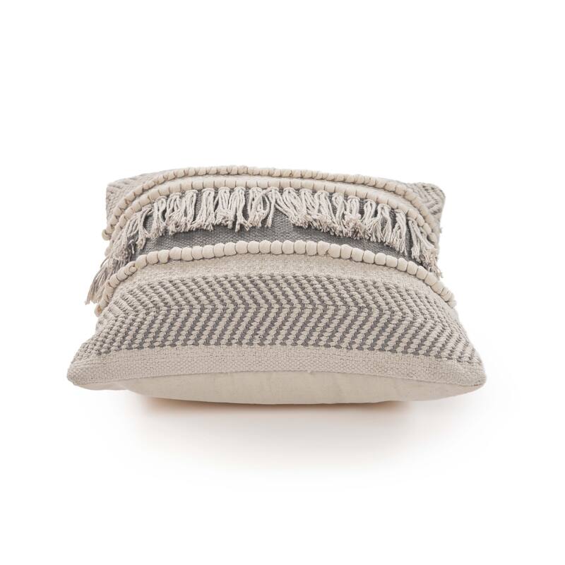 Handwoven Striped Square Throw Pillow with Fringes - 20" - Cream and Gray