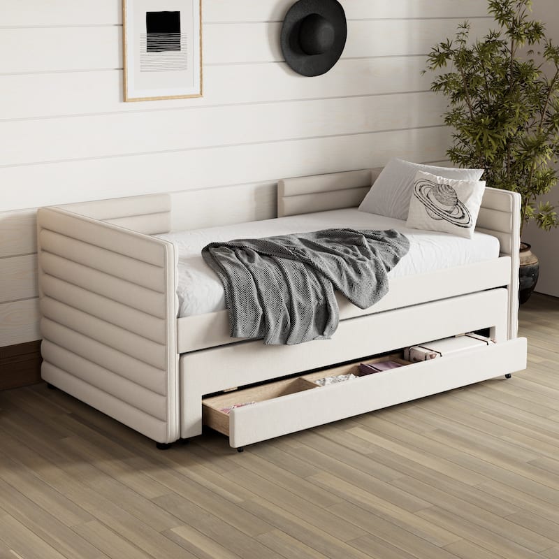 Roomfitters Twin Upholstered Daybed with Trundle and 3 Storage Drawers, Linen Fabric Sofa Bed Frame for Guest Room - Beige - Twin