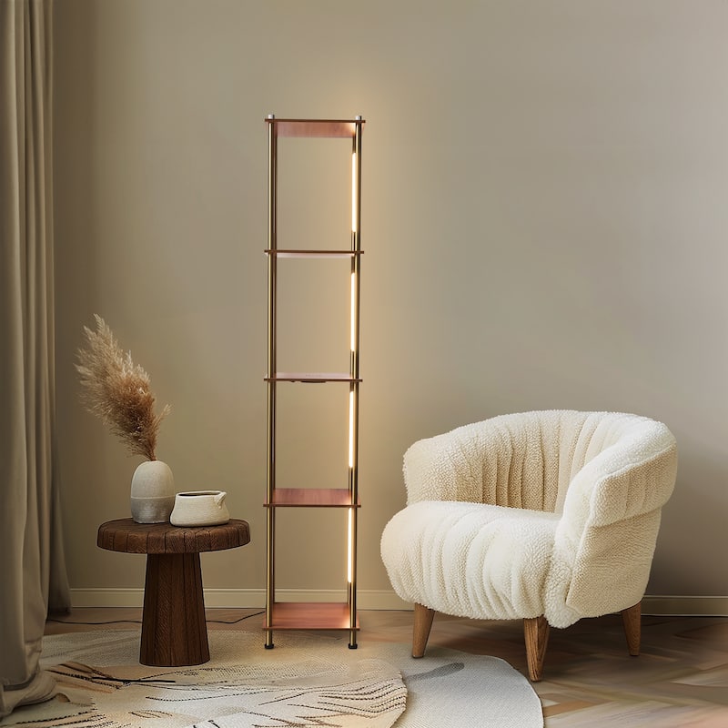 Brightech Aria 63 in. Antique Brass Mid-Century Modern 4-Light 3-Way Dimming LED Floor Lamp with Built-In Wireless Charging Pad
