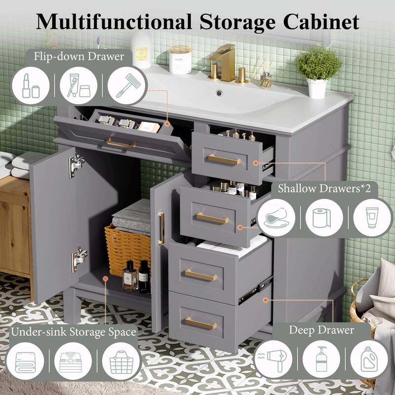 36" Modern Bathroom Vanity with Ceramic Sink, Soft Close Doors, 4 Drawers for Storage