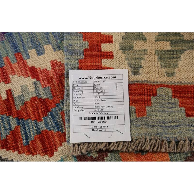 Geometric Kilim Area Rug Flatweave Oriental Wool Carpet - 8'4"x 11'2"