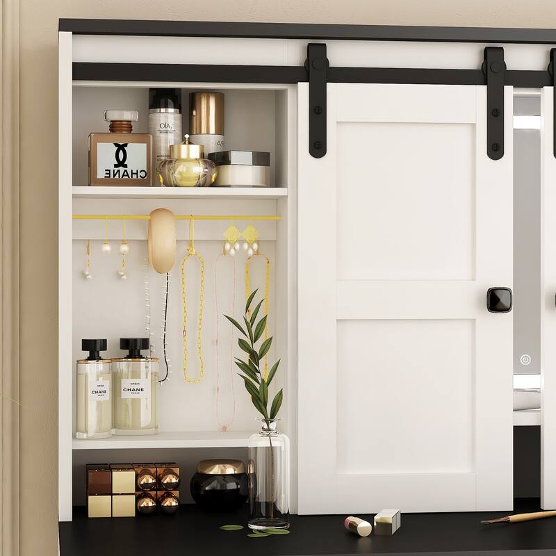 Farmhouse Modern Makeup Vanity: 43" Dressing Table with Lighted Mirror, Storage Drawer & Hair Dryer Holder