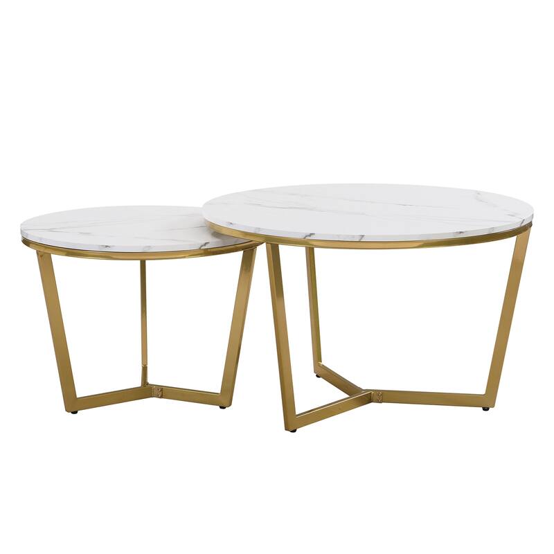 Round Nesting Coffee Table Set 2-Piece White & Marbling Top Gold Base