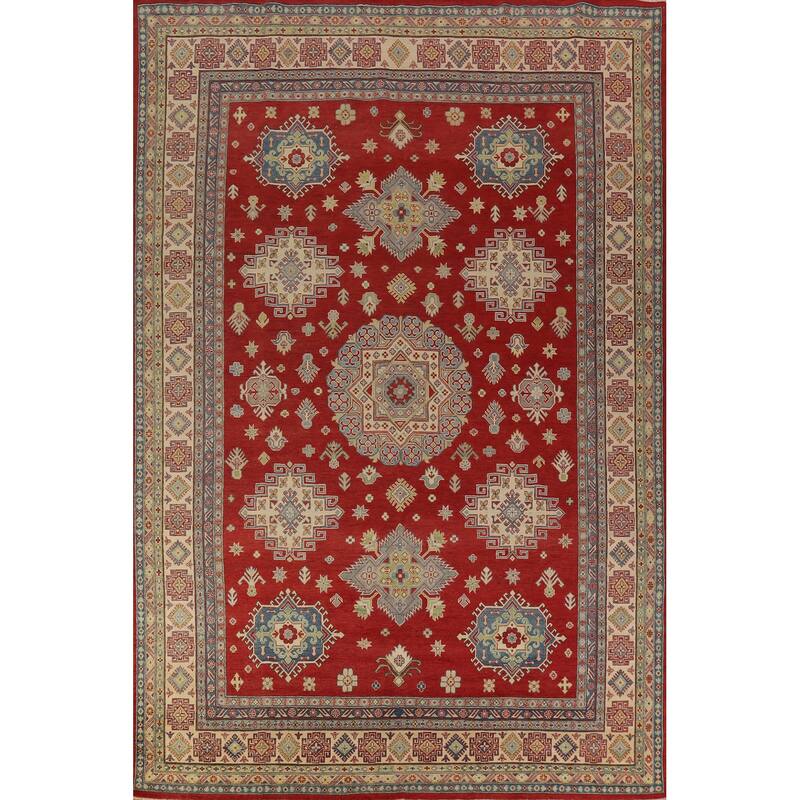 Hand Knotted Oriental 100% Wool Carpet Traditional Geometric Red Kazak Area Rug - 13' 11'' X 9' 6''