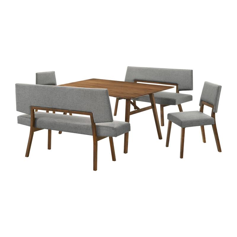 Yumi 5 Piece Dining Table Set, Chairs and Benches, Gray Fabric, Wood Brown - Gray, Brown