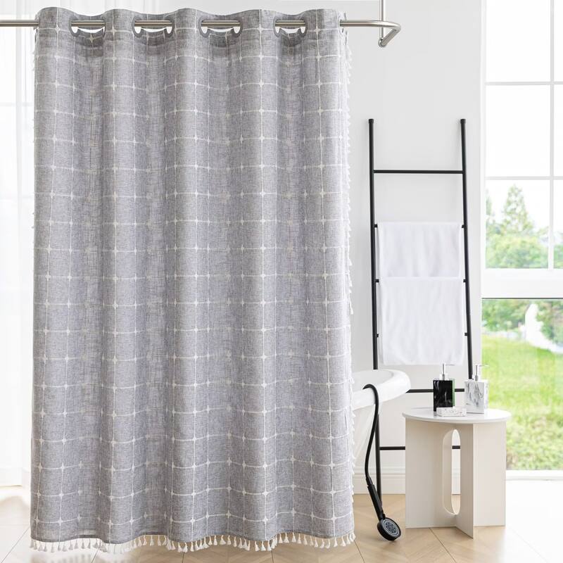 No Hooks Linen Textured Geometric Tassels Shower Curtain with Snap-in Liner