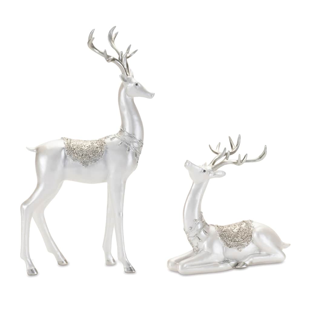 Set of 2 Silver Antler Reindeer Sculpture Pair with Modern Saddle Accent for Festive Home Decoration - 9”L x 4”W x 17.5”H
