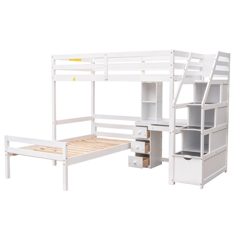 Twin Size Loft Bed with Stand-alone Bed, Storage Staircase, Desk, Shelves, and Drawers in White