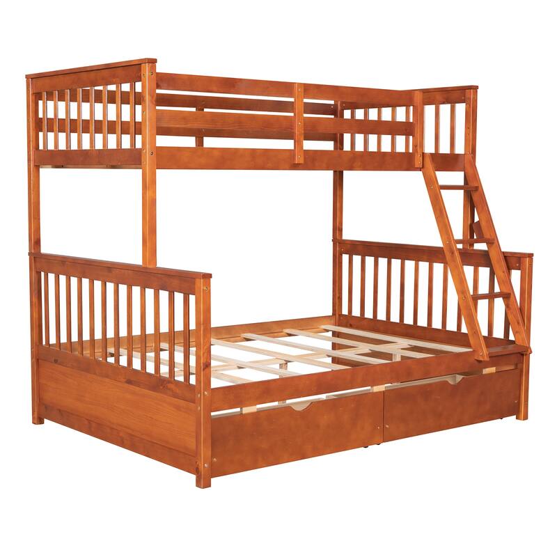Twin-Over-Full Bunk Bed with Ladders and Two Storage Drawers in Walnut