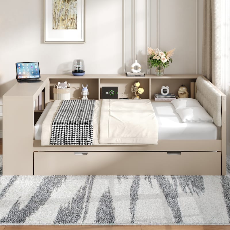 Upholstered Sofa Bed, Wood Daybed, L-shaped Bed Frame with Desk, Shelves, Charging Station, and Optional with Trundle or Drawers