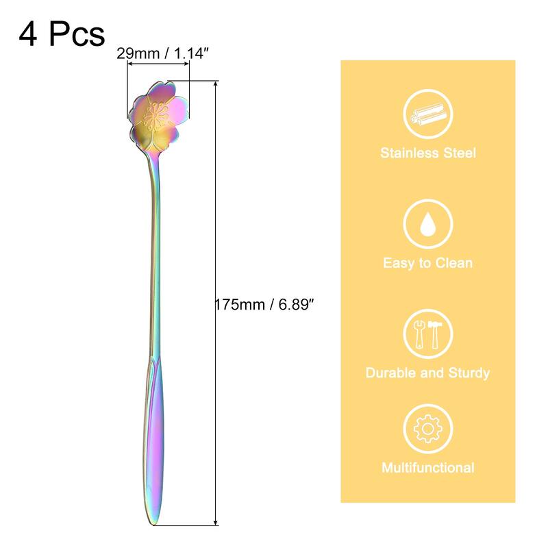 4Pcs 7" Stainless Steel Long Handle Flower Teaspoon Coffee Spoon, Colorful - Colorful