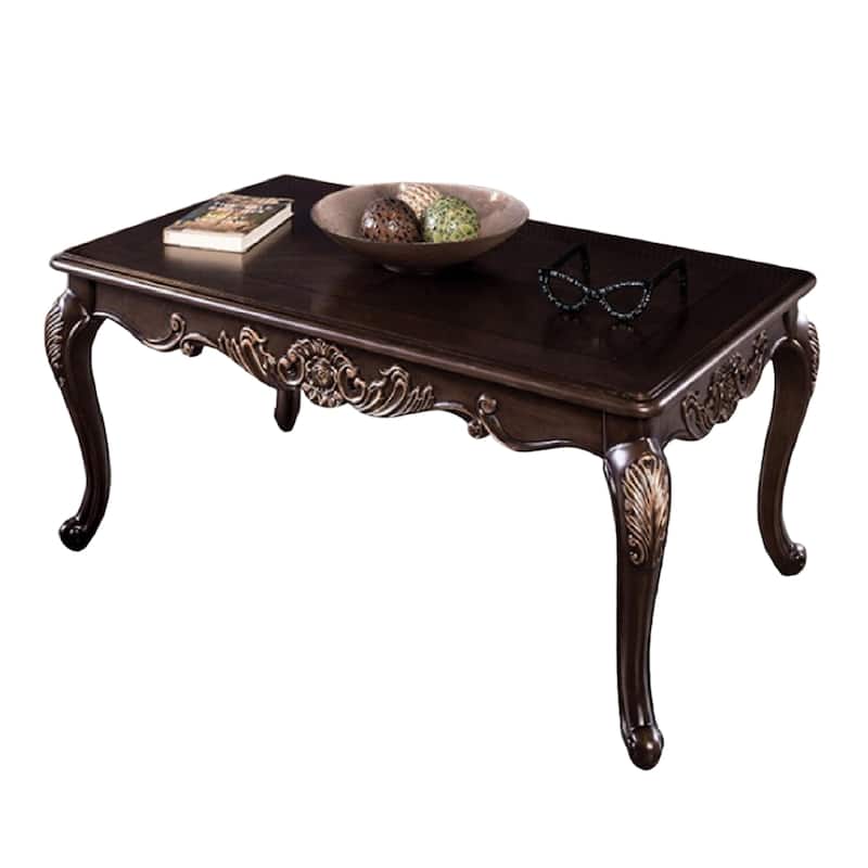 Astor Coffee Table, 52 Inch Dark Cherry Brown Wood, Carved Details