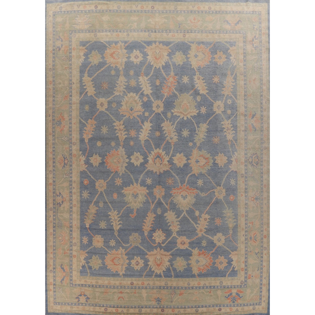 Hand Knotted Oriental 100% Wool Carpet Transitional All-Over Navy Blue & Blues Oushak Area Rug - 14' 11'' X 12' 1''