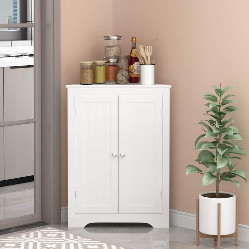 Anmytek White Corner Storage Cabinet for Bathroom and Kitchen Double Door Space Saving Organizer