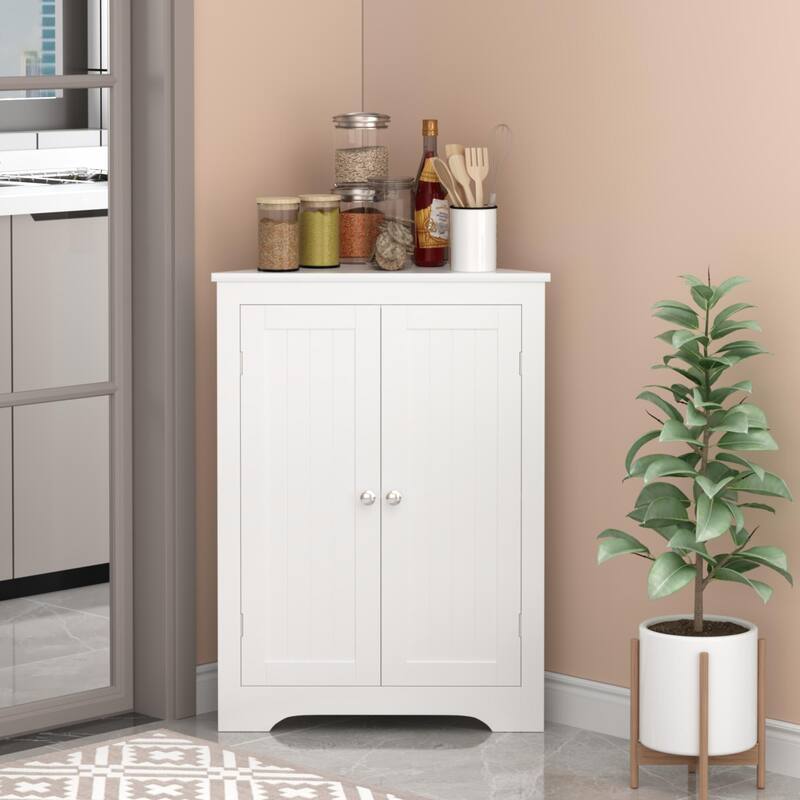 Freestanding Floor Cabinet Corner Cabinet with Adjustable Shelf, Medicine Cabinet Toilet Paper Cabinet with 2 Doors