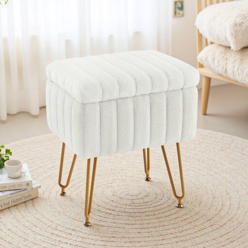 Faux Faric Soft Padded Rectangular Accent Small Ottoman Vanity Stool Chair with Storage & 4 Metal Legs - White