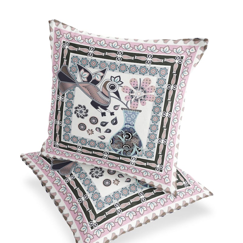 HomeRoots Set of Two 16" X 16" Pink and Black Peacock Blown Seam Floral Indoor Outdoor Throw Pillow - 16.00' X '16.00' X '5.00