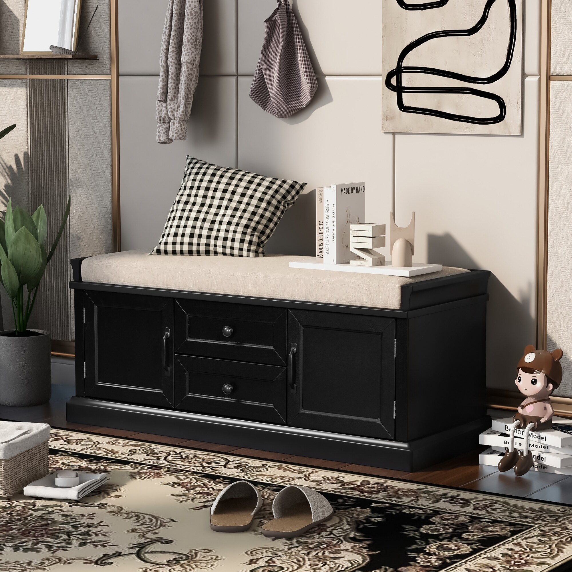 Black Storage Shoe Bench with 2 Drawers 2 Cabinets Removable Cushion Living Room Entryway Bed Bath Beyond 40555032