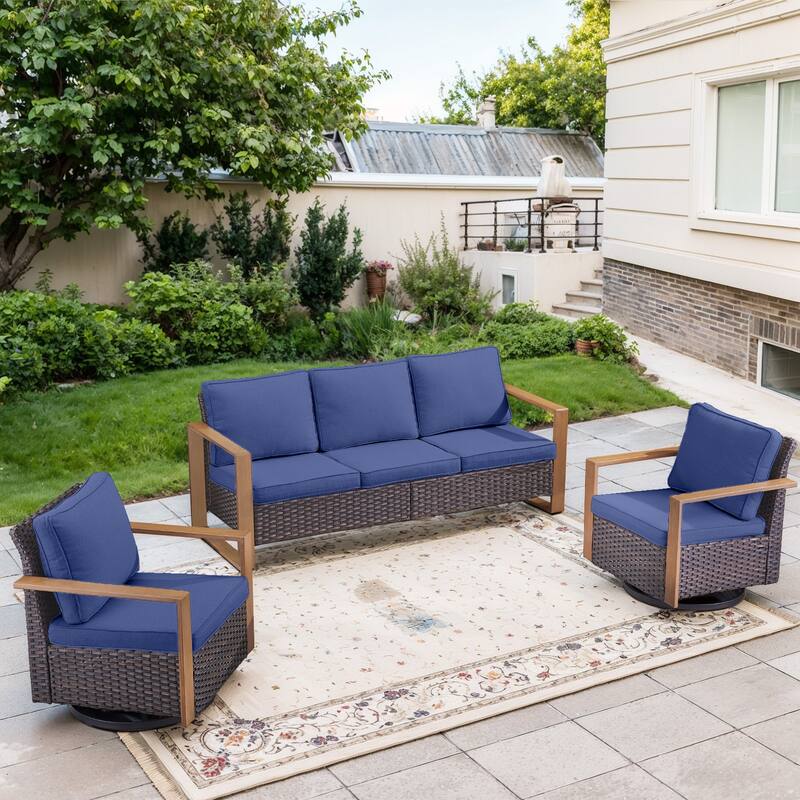 Gymojoy Outdoor Wicker Patio Furniture Sofa Set - 3-Piece Sofa Set - Swivel Chairs - Brown Wicker / Blue Cusion